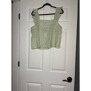 J Crew  Square Neck Ruffle Sleeve Blouse Large Green With White Floral Nwt